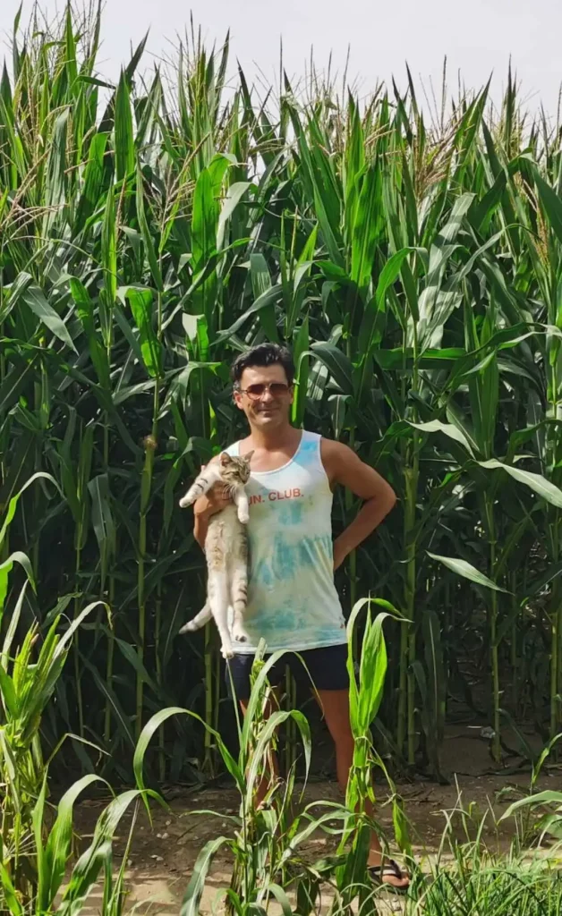 Vegan for humanity: Levent Çeven in front of corn field with a cat on his arm